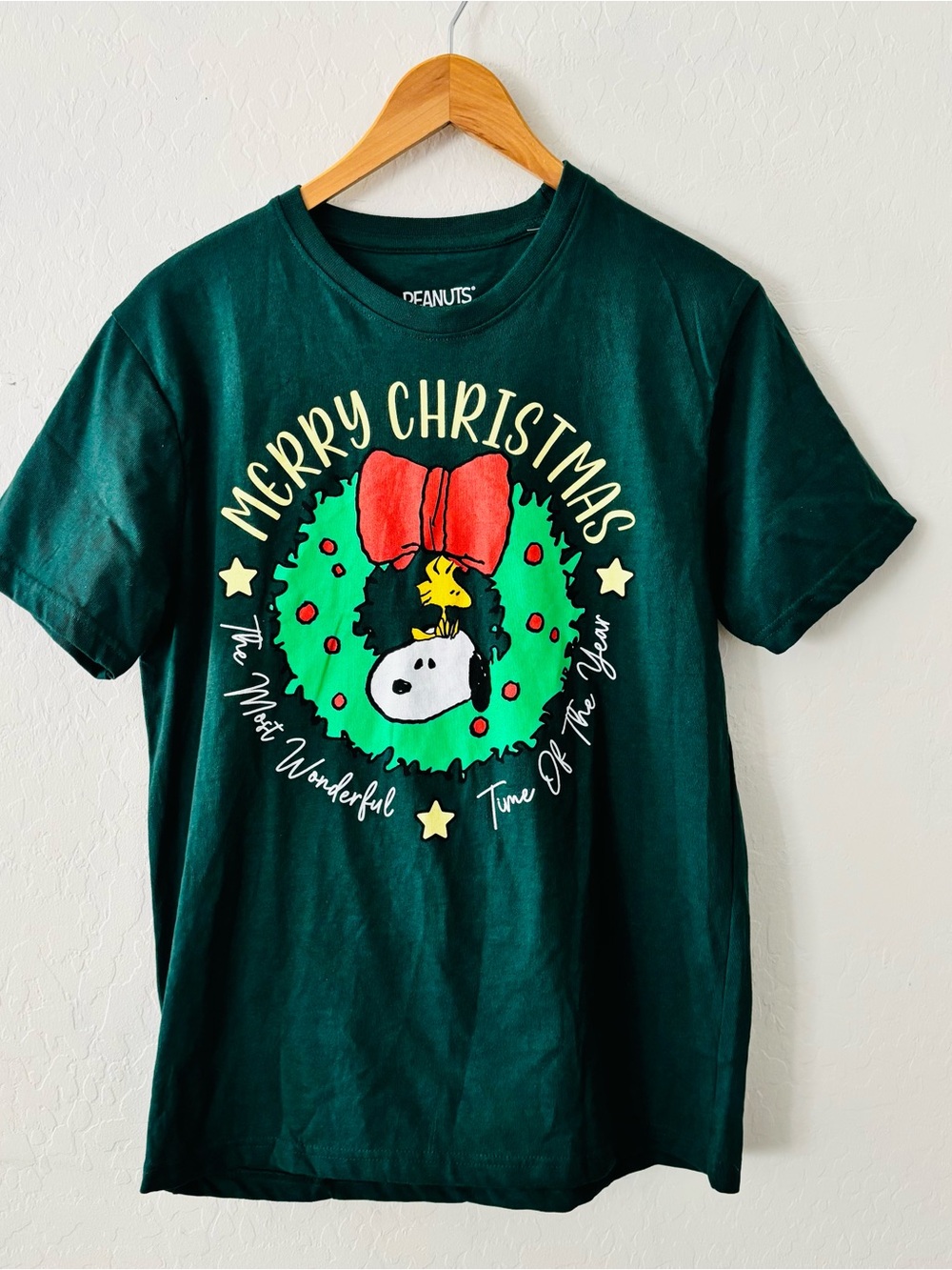 Peanuts Snoopy Merry Christmas Graphic Tee - Dark Green Womens Small Holiday
